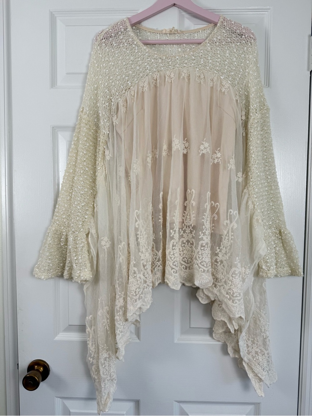 Ryu Anthropologie Victorian-Inspired Cream Lace and Embroidered Tunic Large